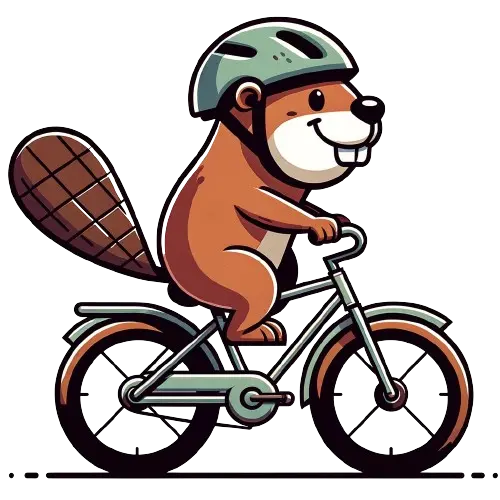 A beaver casually riding a bicycle while wearing a helmet.